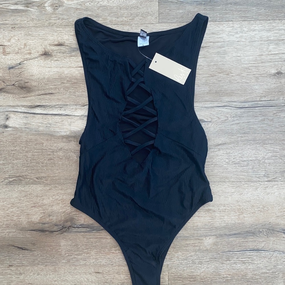Black ribbed one piece (lattice cutout)